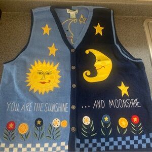 Vintage 90s Celestial Sun Moon Embroidered Patchwork Cardigan Sweater Vest Sz L